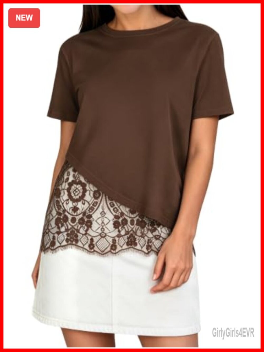 Womens Lace Patchwork Top Short Sleeve Cotton Crew Neck Casual T-Shirt